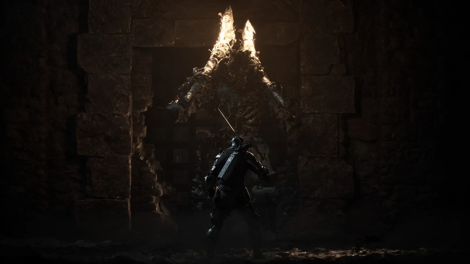 Player facing a massive crystal-crowned cathedral guardian boss in Mortal Shell II