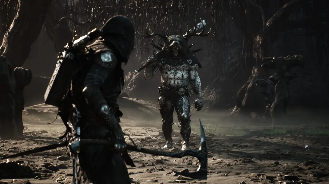 Mortal Shell II player facing a bear-headed shaman enemy in a dark forest clearing