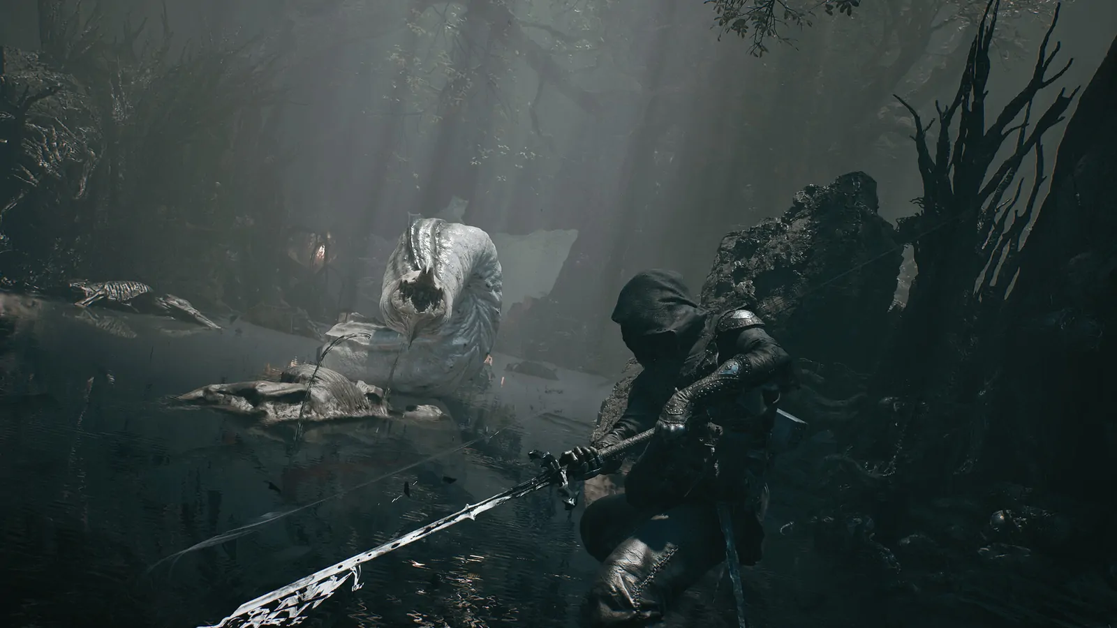 Mortal Shell II swamp region with a serpent-like creature in shallow water