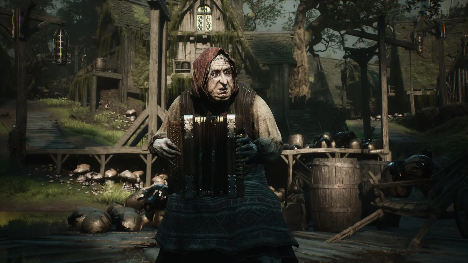 Mortal Shell II village region with an accordion NPC among wooden houses